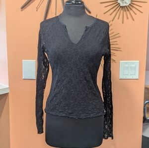 Vintage Y2K Ralph Lauren Black Lace Women's Top Small? Stretchy Sheer Long Slv